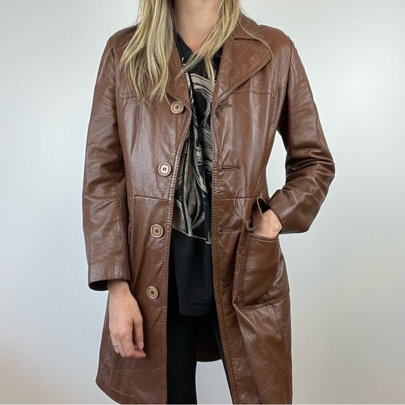 Vintage Jackets & Blazers - Vintage 70s Brown Leather Sherpa lined trench coat jacket with pockets in XS
